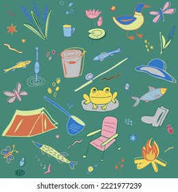 Illustration of a cheerful, seamless pattern on a green background. Topic of fishing, cartoon style. Idea for wrapping paper, gift box design, fishing shop.