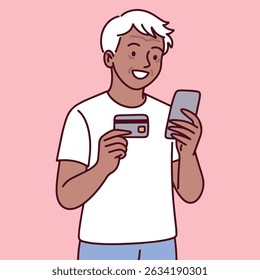 Illustration of a cheerful senior old man using a credit card and smartphone, representing secure digital payment, e-commerce shopping or mobile banking