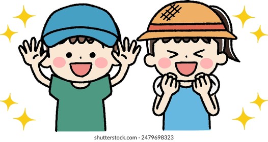 Illustration of cheerful smiling children wearing hats
