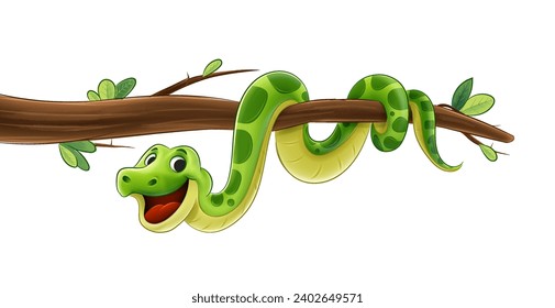 illustration cheerful snake on tree