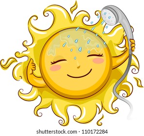 Illustration of a Cheerful Sun Showering with a Telephone Shower