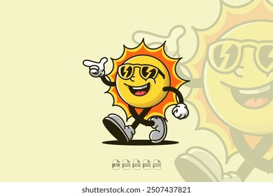 Ilustración de un alegre sol caminando con una gran sonrisa en la cara.