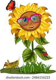 Illustration with a cheerful sunflower.Colored vector illustration with sunflower in glasses, butterfly, ladybug and grasshopper.