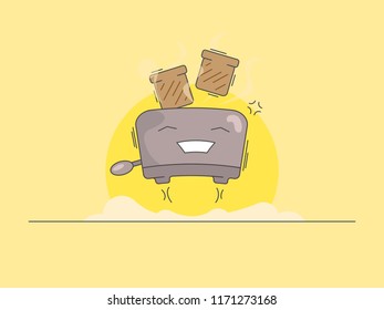 Illustration with a cheerful toaster and fragrant bread cooked. Vibrant vector graphics with household appliances