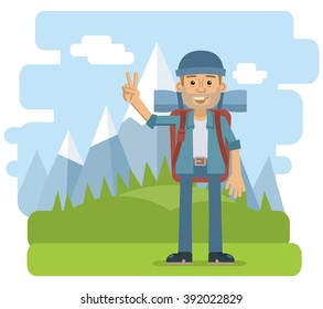 Illustration of a cheerful traveler showing victory gesture. Tourist, hiker isolated on mountain landscape. Flat style vector illustration