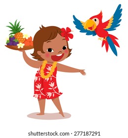 Illustration Of A Cheerful Tropical Island Girl Holding Tropical Fruit Tray And Her Parrot