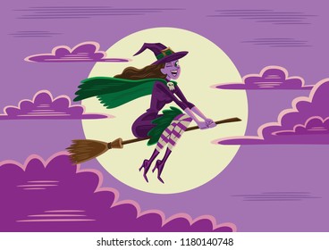 Illustration of a cheerful witch flying on a broom with full moon background., suitable for Halloween.