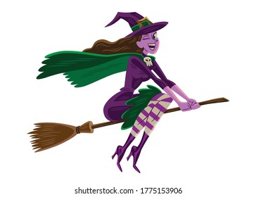 Illustration of a cheerful witch flying on a isolated background., suitable for Halloween. Cartoon style.