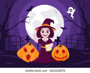 Illustration of Cheerful Witch Holding Book with Jack-O-Lanterns, Flying Bats and Ghost on Full Moon Purple Graveyard View Background.