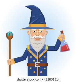 Illustration of a cheerful wizard holding a magic potion. Fantasy magician, warlock, sorcerer. Flat style vector illustration