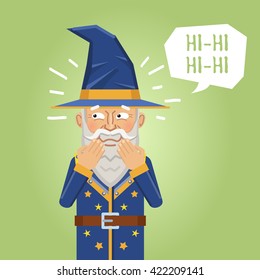 Illustration of a cheerful wizard laughing. Emoticon, emoji, facial expression. Fantasy magician, warlock, sorcerer. Flat style vector illustration