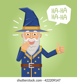 Illustration of a cheerful wizard laughing and showing thumb up gesture. Emoticon, emoji, facial expression. Fantasy magician, warlock, sorcerer. Flat style vector illustration