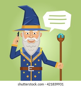 Illustration of a cheerful wizard talking on mobile phone. Emoticon, emoji, facial expression. Fantasy magician, warlock, sorcerer. Flat style vector illustration