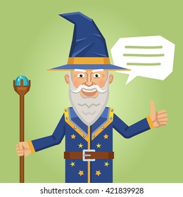 Illustration of a cheerful wizard talking and showing thumb up gesture. Emoticon, emoji, facial expression. Fantasy magician, warlock, sorcerer. Flat style vector illustration