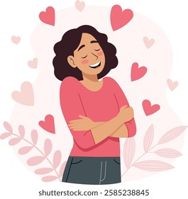 Illustration of a cheerful woman hugging herself with a warm smile, reminding of self-love and positivity.