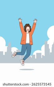 Illustration of a cheerful woman jumping with joy against a city skyline backdrop, expressing happiness and freedom.
