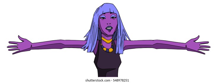 Illustration of cheerful woman with open arms looking upwards
