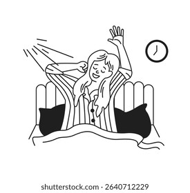 Illustration of a cheerful woman waking up and stretching in bed. Sunlight beams through the window adding warmth to the bedroom setting. The mood is refreshed and positive.