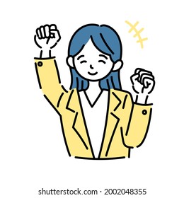 Illustration of a cheerful woman who raises her hand and rejoices