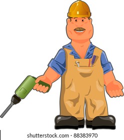 illustration, cheerful worker in overalls with a drill