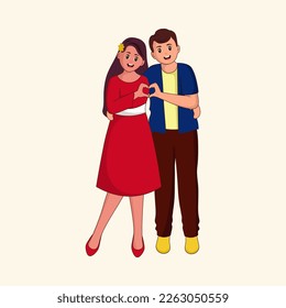 Illustration Of Cheerful Young Couple Making A Heart From Their Hands In Standing Pose.