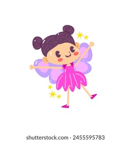 Illustration of a cheerful young fairy girl dressed in pink with magical wings, radiating joy and positivity. Perfect for use in children’s designs, fantasy-themed projects, and playful imagery.