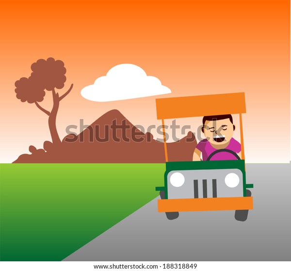 Illustration of\
cheerful young man driving a local\
car