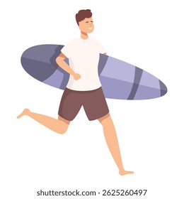 Illustration of a cheerful young man running with his surfboard, ready to catch the waves