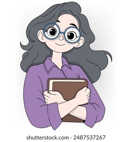 An illustration of a cheerful young woman with large blue-rimmed glasses, holding a book close to her chest.