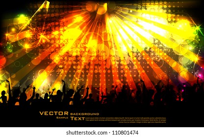 illustration of cheering crowd on sparkling musical background