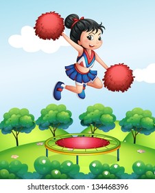 Illustration of a cheerleader above a trampoline