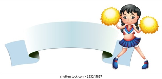 Illustration of a cheerleader beside an empty signage on a white background