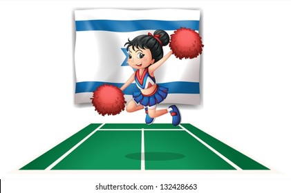Illustration of a cheerleader dancing in front of the Israel flag on a white background