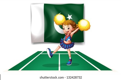 Illustration of a cheerleader dancing in front of the Pakistan flag on a white background