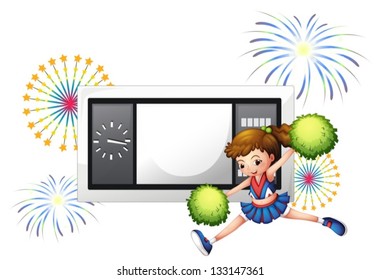 Illustration of a cheerleader dancing in front of a scoreboard on a white background