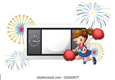 Illustration of a cheerleader in front of a rectangle scoreboard on a white background