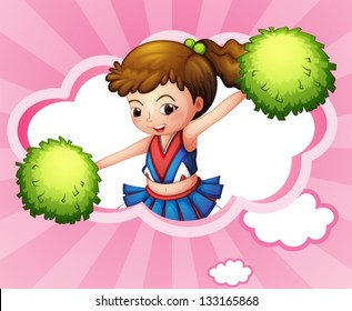 Illustration of a cheerleader with green pompoms inside a cloud