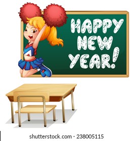 Illustration of a cheerleader and a happy new year board