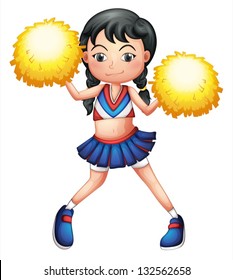 Illustration of a cheerleader in her uniform with yellow pompoms on a white background