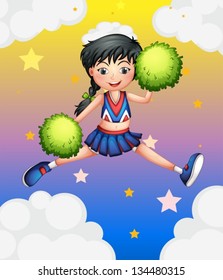 Illustration of a cheerleader jumping with her green pompoms