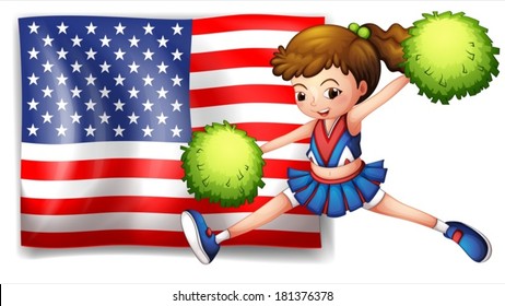 Illustration of a cheerleader and the USA flag on a white background