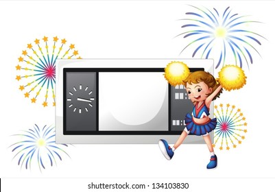 Illustration of a cheerleader with yellow pompoms in front of an empty signboard on a white background