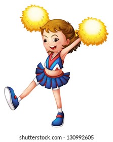 Illustration of a cheerleader with yellow pompoms on a white background