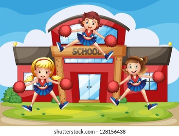 Illustration of cheerleaders performing in front of the school