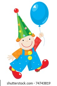 Illustration of a cheery clown in stars and circles costume, red shoes and stars hat. Clown hold up blue balloon and smile.