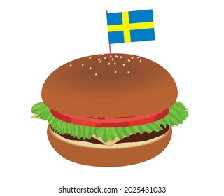 Illustration of a cheese burger with the flag decoration of the Swedish flag. Meals, fast food, children's lunch.