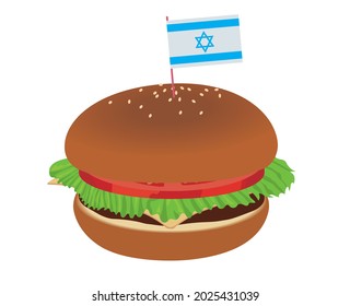Illustration of a cheese burger with the flag decoration of the Israeli flag. Meals, fast food, children's lunch.