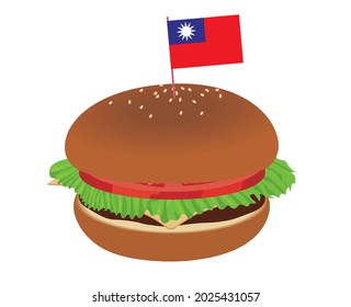Illustration of a cheese burger with the flag decoration of the Taiwanese flag. Meals, fast food, children's lunch.