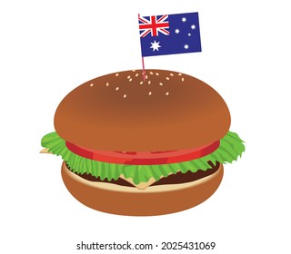 Illustration Of A Cheese Burger With A Flag Decoration Of The Australian Flag. Meals, Fast Food, Children's Lunch.