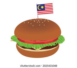Illustration of a cheese burger with the Malaysian flag decoration. Meals, fast food, children's lunch.